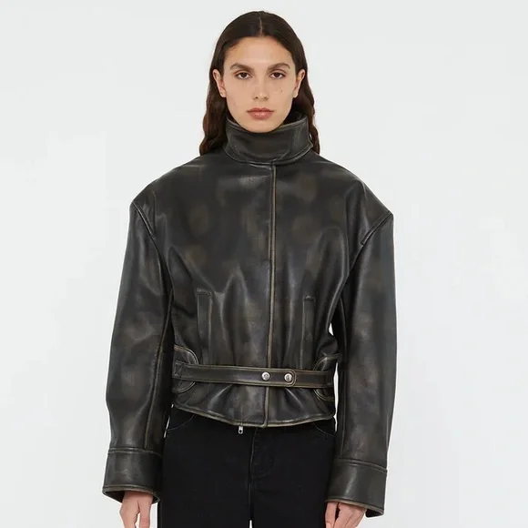 NWT Christopher Esber Eddie Burnished Leather Funnel Neck Leather Jacket Black - Picture 7 of 16